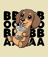 Cute Dachshund Drinking Boba Tea T-Shirt Design – Adorable Bubble Tea Dog Illustration, Funny Cartoon Puppy Graphic for Pet Lovers, Kawaii Animal Artwork, Sublimation Print