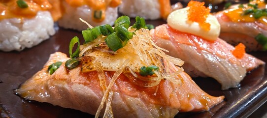 Delicious salmon sushi nigiri with various toppings and garnishes
