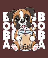 Cute Boxer Dog Drinking Boba Tea T-Shirt Design – Funny Bubble Tea Puppy Illustration, Adorable Cartoon Pet Graphic for Dog Lovers, Kawaii Animal Art, Sublimation Print