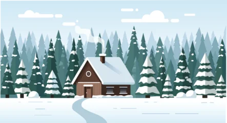 Fotobehang Lichtblauw Flat Style Winter Cabin Scenery in Forest Landscape Illustration  © MutakMera