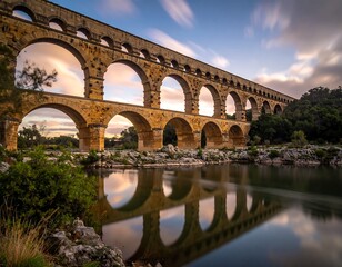 Ancient Roman aqueduct in a scenic landscape reflecting in water