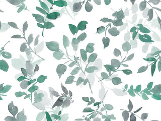watercolor seamless botanical pattern with abstract hand painted eucalyptus leaves for fabric, home decor and interior design. Green leaves textile design.