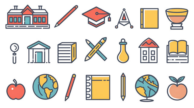 School and Education Icon Set Illustration on Transparent Background