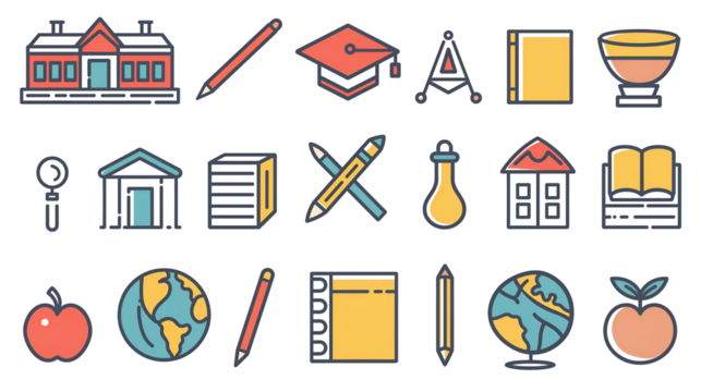 School and Education Icon Set Illustration on Transparent Background