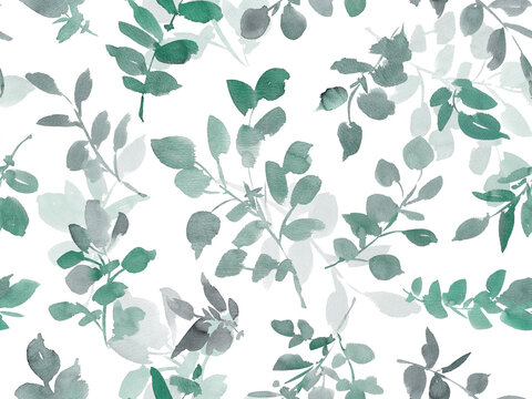watercolor seamless botanical pattern with abstract hand painted eucalyptus leaves for fabric, home decor and interior design. Green leaves textile design.