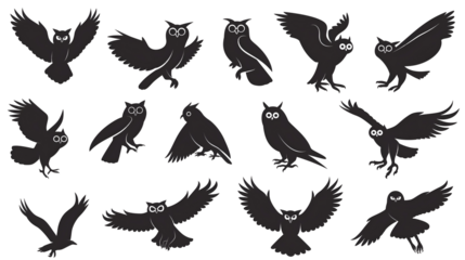 Owl Silhouettes on Transparent Background, Nighttime Creatures