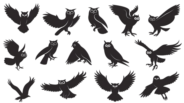 Owl Silhouettes on Transparent Background, Nighttime Creatures