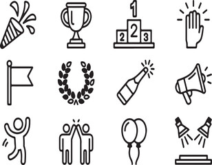 A comprehensive set of thin line icons depicting themes of celebration, victory, and achievement, including a trophy, podium, and confetti popper