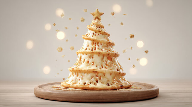 Delicious Christmas tree made of cheese on a wooden plate. festive image features a unique cheese Christmas tree, perfect for holiday-themed projects and culinary concepts.