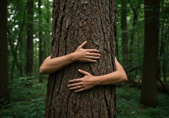 Arms wrapped around a giant textured tree trunk in a lush forest, symbolizing deep connection and environmental reverence and sustainability ,texture ,protection ,peace