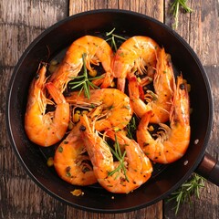 Close-up of pan with grilled, reddish-orange crustaceans seasoned with herbs on rustic wooden table
