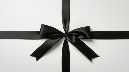 Fototapeta premium Ribbon Frame, An elegant minimalist composition where four black satin ribbons form a square frame, isolated on a clean white background. For a luxury advertising mockup, 