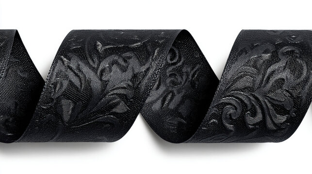 Patterned Ribbon, An elegant minimalist black ribbon with a subtle, tone-on-tone damask pattern, isolated on a clean white background. For a luxury advertising mockup. - Powered by Adobe