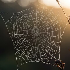 Delicate spiderweb covered in tiny morning dew droplets glistening in soft sunlight, showcasing natural perfection ,spiderweb ,garden ,symmetry