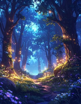 A luminous, enchanted forest scene with a winding path bathed in ethereal, soft blue and golden light filtering through tall, mystical trees