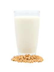 Glass of soy milk and with pile of dried soybeans seeds, isolated object on transparent background.