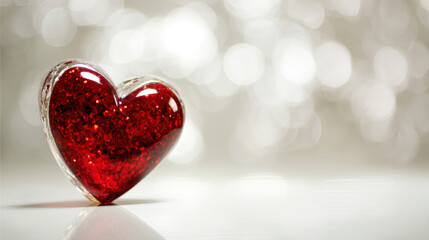 Obraz premium Glittering red heart on a white surface with a soft, blurred background. beautiful heart is perfect for Valentine's Day, anniversaries, or any romantic occasion.