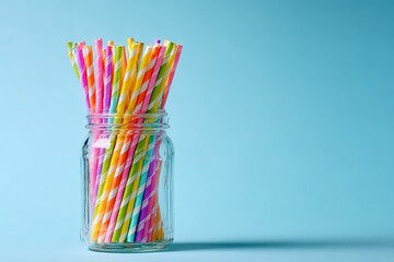 Bright assortment of paper straws in a mason jar on a clean white surface