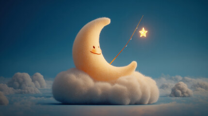 Cute cartoon moon fishing for a glowing star in a dreamy sky. A whimsical illustration depicts a smiling moon character sitting on a fluffy cloud, reaching for a star.
