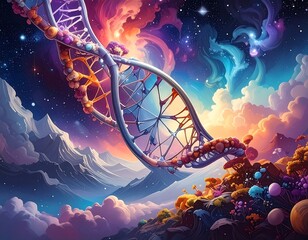 Surreal depiction of a DNA strand intertwined with celestial nebulae