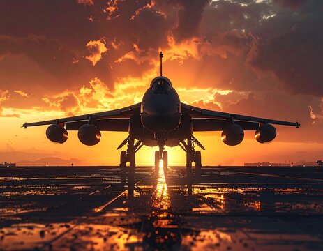 Powerful fighter jet silhouetted against a breathtaking fiery sunset, reflecting on the wet runway, symbolizing strength and speed in a dramatic aviation scene - Powered by Adobe