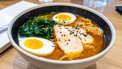 Ramen Noodle Soup With Chicken Breast, Egg And Spinach