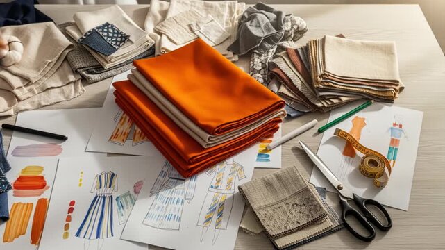 A designer's workspace features fabrics, sketches, tools, and a hand, showcasing creativity