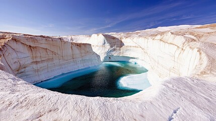 A stunning natural formation of white ice cliffs encircling a vibrant turquoise pool of water, set against a bright blue sky.