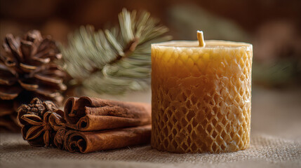 A rustic still life with a warm beeswax candle, cinnamon sticks, and pine cones on a textured surface.