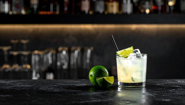 Refreshing Caipirinha cocktail with lime and ice on a bar counter, perfect for a tropical evening