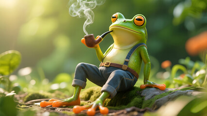 Cute cartoon frog wearing suspenders and smoking a pipe while relaxing on a mossy rock in the forest, warm sunlight and bokeh background.