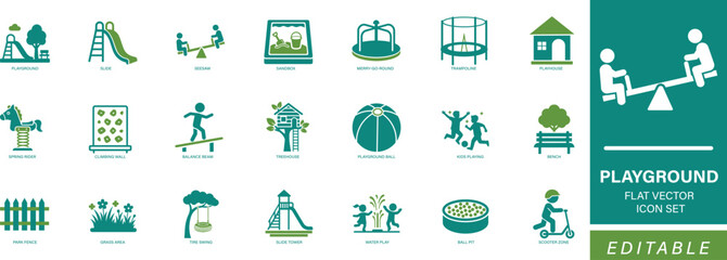 Playground icon set with slides, swings, seesaws, trampolines, and other outdoor play equipment. Perfect for kids, children, fun, recreation, and family activities. Editable vector icons 