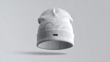White beanie hat mockup floating in a clean studio setting.