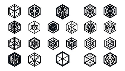 A collection of isometric geometric hexagonal shapes with inner line work, arranged in rows. Black lines on a white background