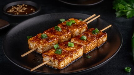 Fototapeta premium Cubes of glazed tofu on skewers.