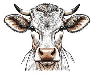 A detailed illustration of a cow's head, facing forward, showcasing lines and shades