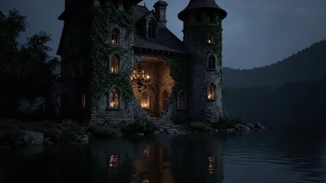 Mysterious gothic castle by a lake at night with soft lighting