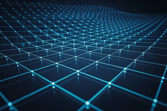 Blue glowing network grid with interconnected nodes and lines on a dark background representing data and connections