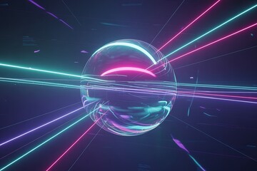 Transparent sphere with swirling neon light trails and beams in a dark, futuristic digital environment