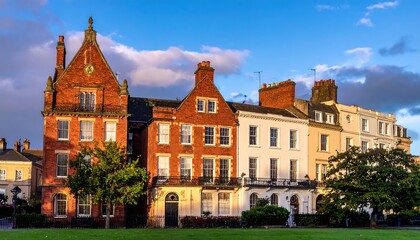 A row of historic houses with unique architectural styles bask in the warm sunlight, under a blue sky with fluffy clouds