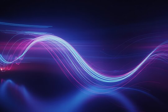Wavy abstract light trails in blue and pink hues flowing across a dark, reflective surface neon