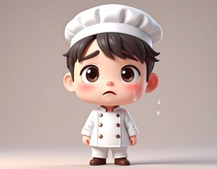 A cute, cartoonish chef is shown with a worried expression, visible sweat, and blush. Wearing white attire. Beige backdrop