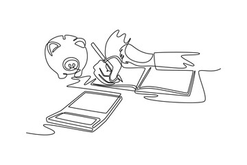 business woman hand write management budget for saving cost, cash finance planning. Budget planning concept. Single line draw design. Vector graphic illustration
