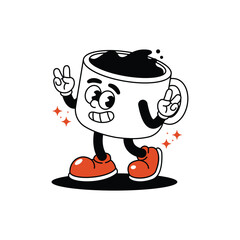 A vintage-style coffee cup character with arms and legs, striking a playful pose and giving a peace sign. Coffee Cup Retro Mascot Character. Illustration clip art.