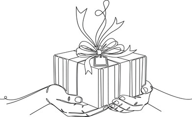 One Line Art Gift Box Vector: Continuous Sketch of Hands Holding Wrapped Present with Ribbon and Bow for Birthday, Holiday, Surprise, and Celebration Graphics