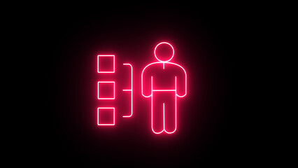 Bright neon pink glowing icon of a person figure connected to three squares in a flowchart or organizational structure on a dark black background representing decision making or task management.