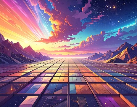 Surreal landscape with a tiled ground under a colorful, dynamic sky - Powered by Adobe