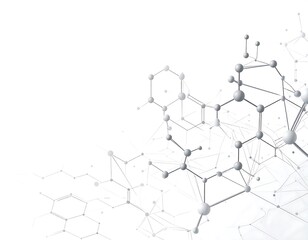 A complex molecular structure illustration. Grey spheres and lines depict connected atoms in a partially transparent, futuristic design