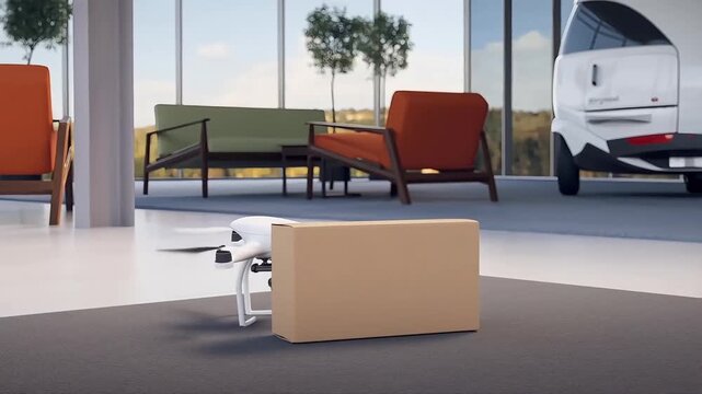 Drone delivers package within modern spacious interior lounge room, showcasing future automation. Cardboard box awaits clean, convenient logistics in an inviting atmosphere