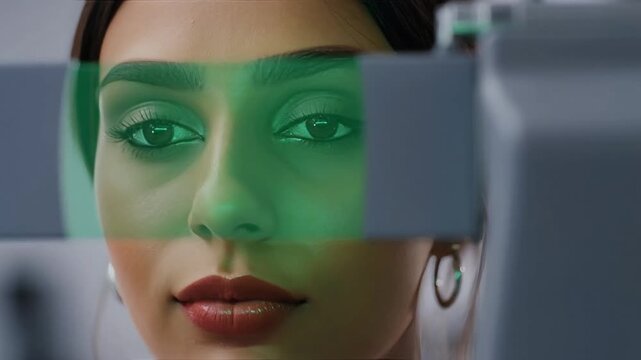 Focused young woman engages with advanced digital and augmented reality technology. Her eye undergoes precise biometric scan for modern identity authentication and robust data security, embodying